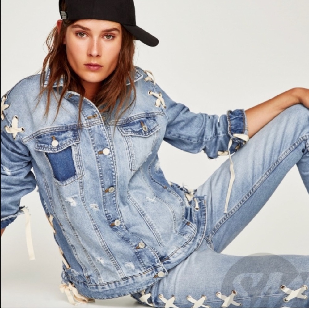Zara Lace Up Distressed Denim Jacket
